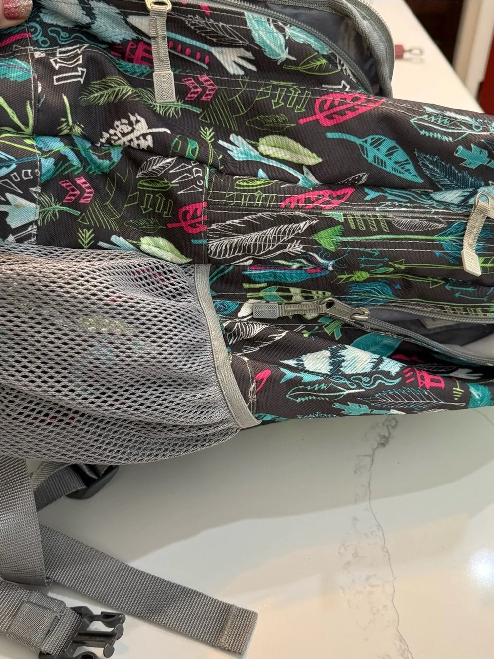 LL Bean Feathers Arrows Gray Backpack Pink Blue Multi Pocket Full Sized, School